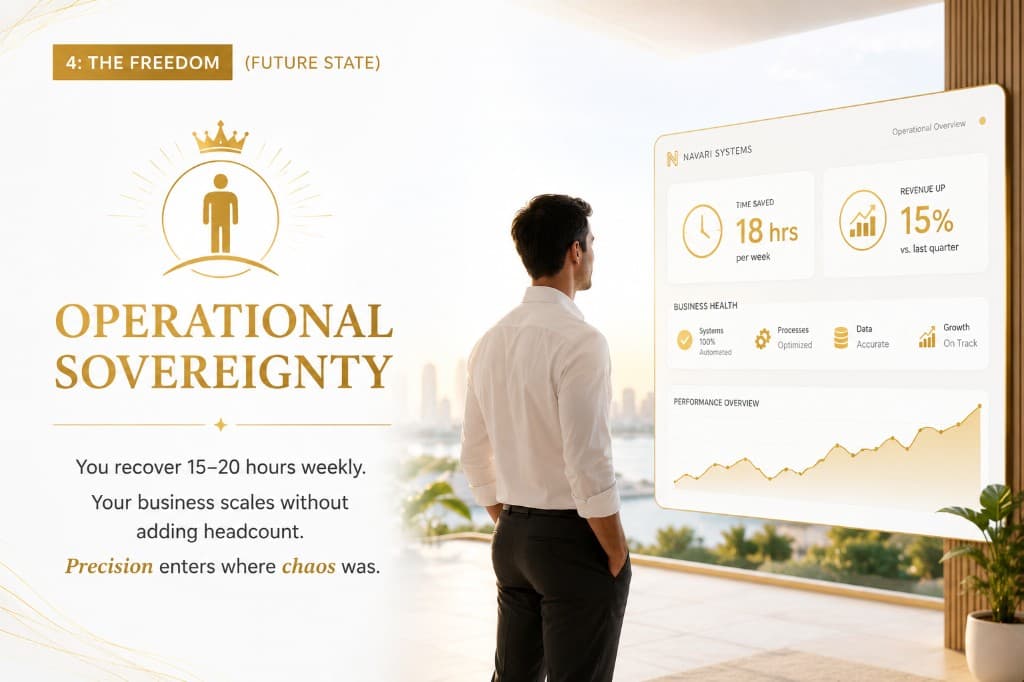 Business owner reviewing automated systems showing 18 hours saved per week